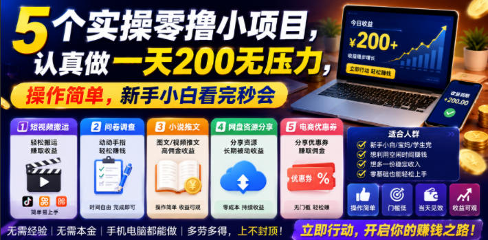 5个实操零撸小项目，认真做一天200无压力，操作简单，新手小白看完秒会【揭秘】-佰因轻创网