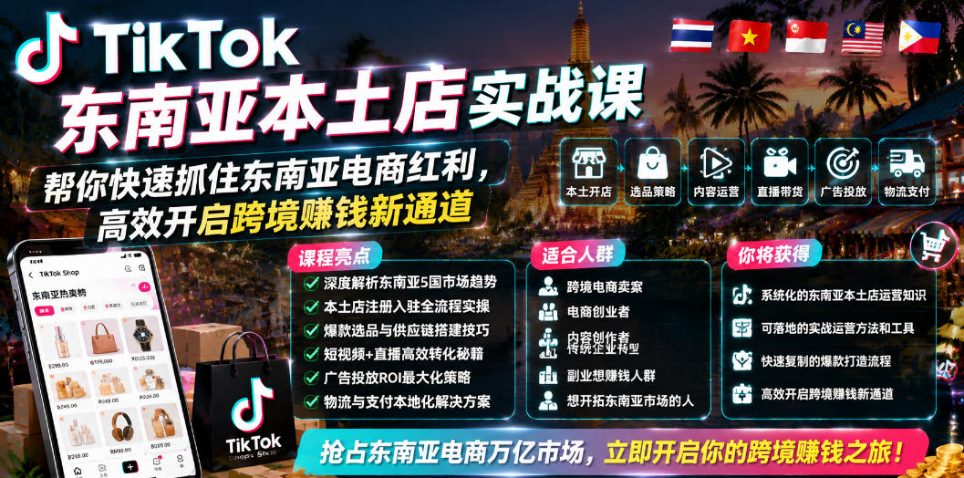 TikTok东南亚本土店实战课，帮你快速抓住东南亚电商红利，高效开启跨境賺钱新通道-佰因轻创网