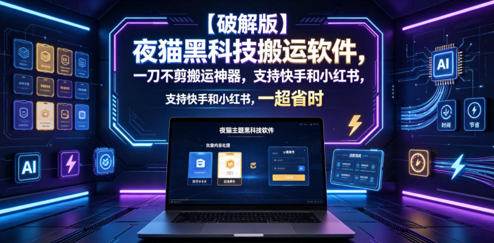 【破解版】夜猫黑科技搬运软件，一刀不剪搬运神器，支持快手和小红书，一键搬运超省时！-佰因轻创网