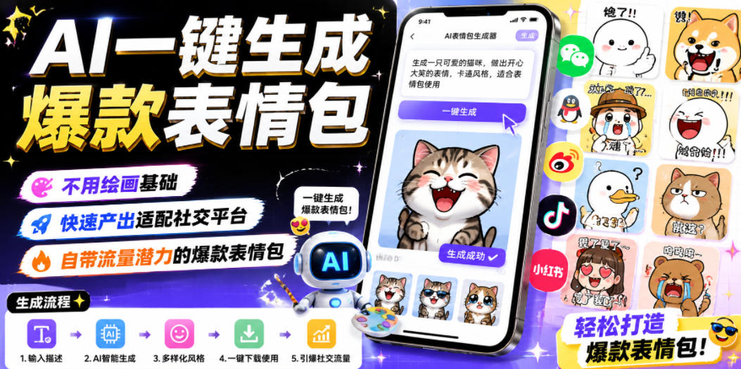 AI一键生成爆款表情包，不用绘画基础，快速产出适配社交平台，自带流量潜力的爆款表情包-佰因轻创网