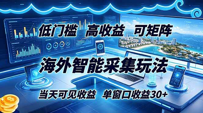 （18955期）海外智能采集玩法，低门槛高单价可矩阵，当天可见收益，单窗口30+-佰因轻创网