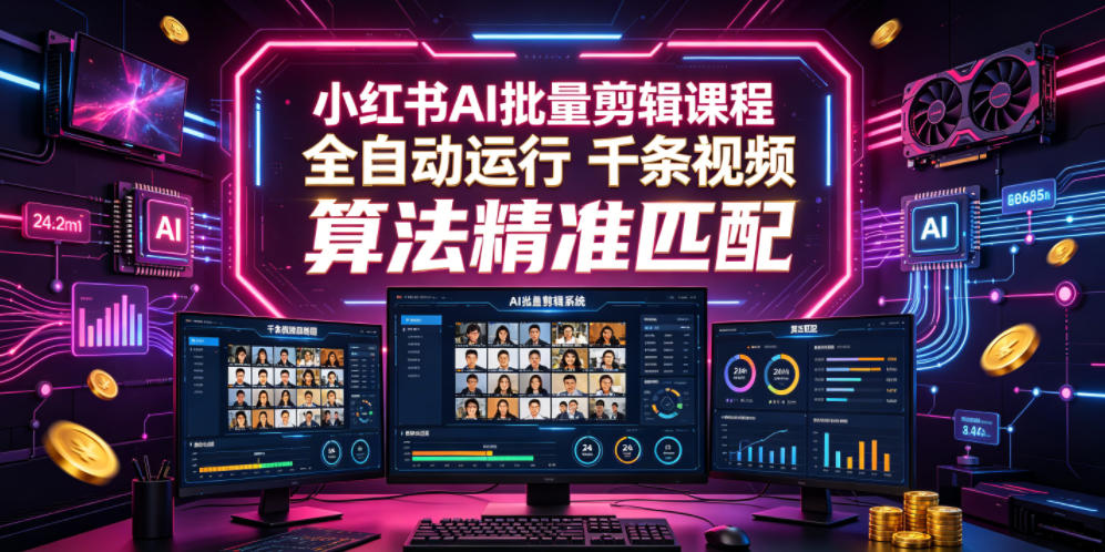小红书AI批量剪辑课程，24小时全自动运行，解放双手专注运营，千条视频批量处理，小红书算法精准匹配-佰因轻创网
