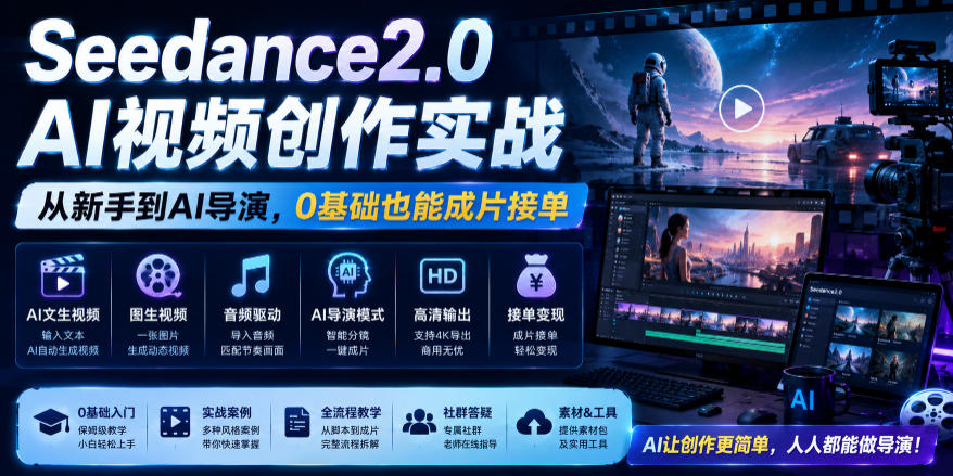 Seedance2.0 AI视频创作实战，从新手到AI导演，0基础也能成片接单变现-佰因轻创网