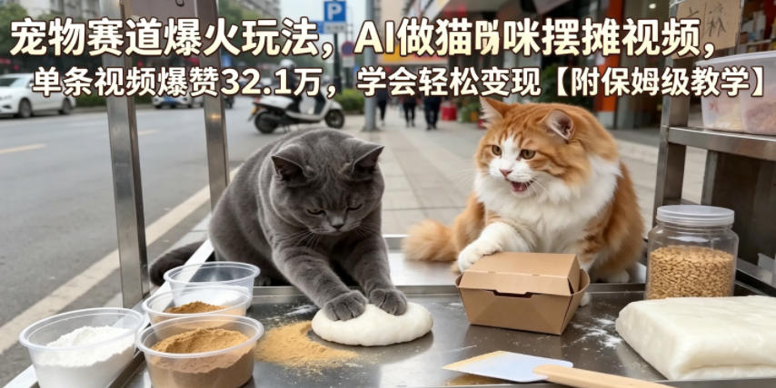 宠物赛道爆火玩法，AI做猫咪摆摊视频，单条视频爆赞32.1万，学会轻松变现【附保姆级教学】-佰因轻创网
