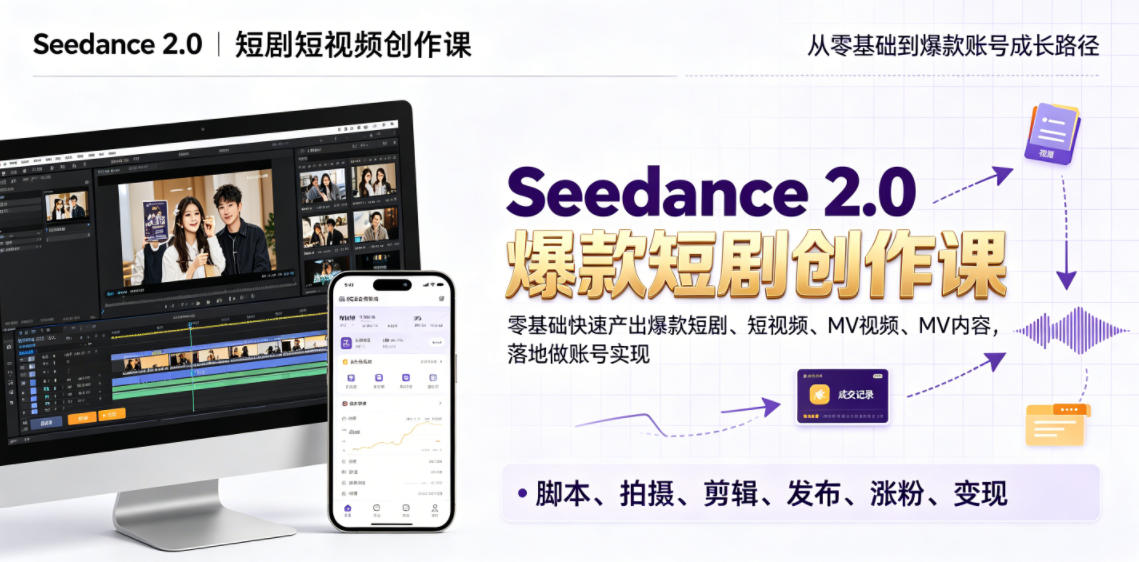 Seedance 2.0短剧短视频创作课，零基础快速产出爆款短剧、短视频、MV内容，落地做账号实现变现-佰因轻创网