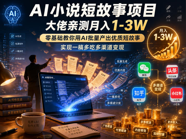 AI小说短故事项目，大佬亲测月入1-3W，零基础教你用AI批量产出优质短故事，实现一稿多吃多渠道变现（更新0624）