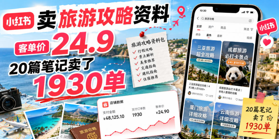 小红书卖旅游攻略资料，客单价24.9，20篇笔记卖了1930单！-佰因轻创网